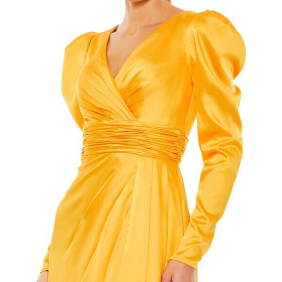 NWT | Mac Duggal 12404‎ V Neckline Long Puff Sleeves Maxi Column Gown Mango 8 - Picture 3 of 7